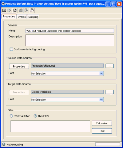 Data transfer action properties screen